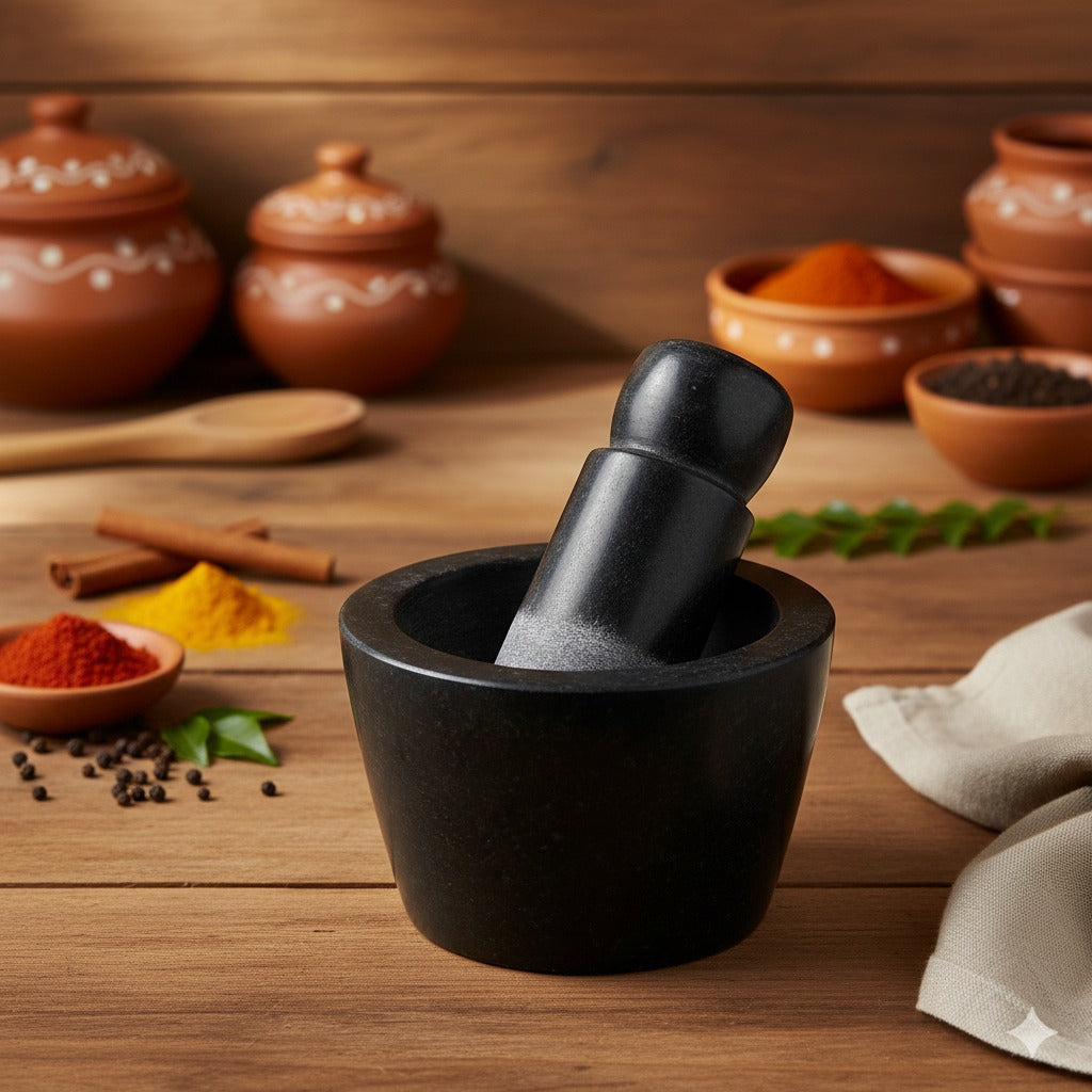 Ezahk Black Granite Curved Stone Attukal / Rubbu Rolu | Traditional Mortar & Pestle for Home & Kitchen | 100% Granite & Premium Stone | Enhances Taste & Aroma | Size: 10 × 6 Inches (B × H)