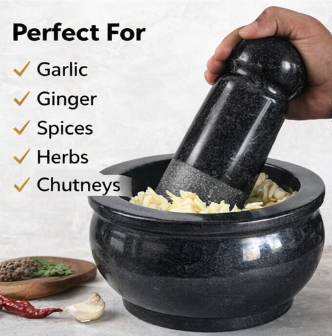 EZAHK (10*5 inch) Attukal | Stone Mortar and Pestle Set | Black Granite Polished for Spices