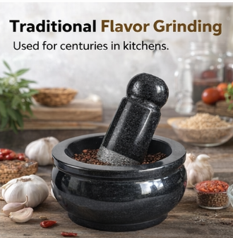 EZAHK (10*5 inch) Attukal | Stone Mortar and Pestle Set | Black Granite Polished for Spices