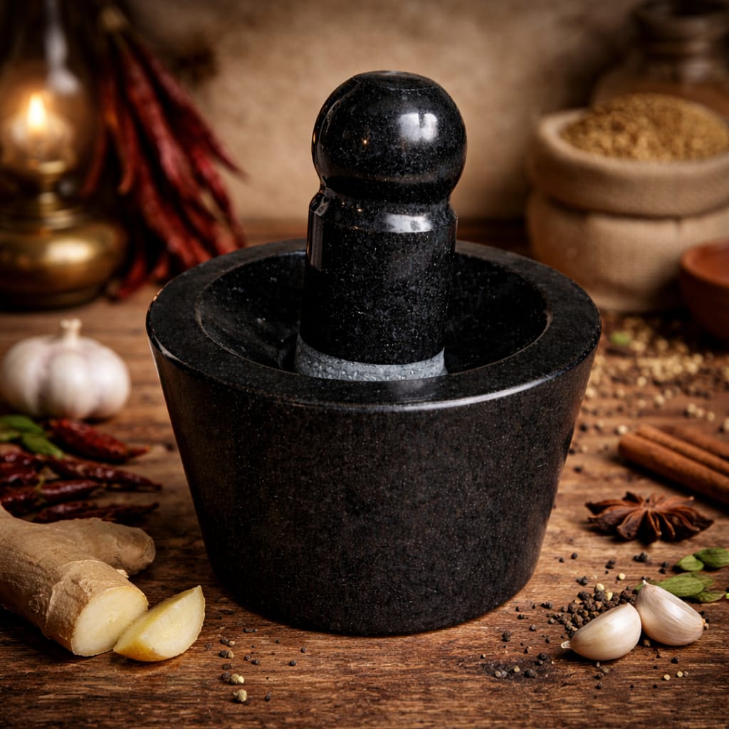 EZAHK (8*5 inch) Attukal | Stone Mortar and Pestle Set | Black Granite Polished for Spices