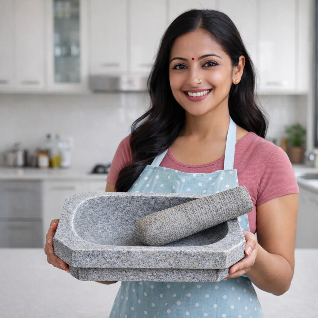 EZAHK (14 inch) Kalvam Stone Mortar and Pestle Set,10 kg Grey, Very Big Size)