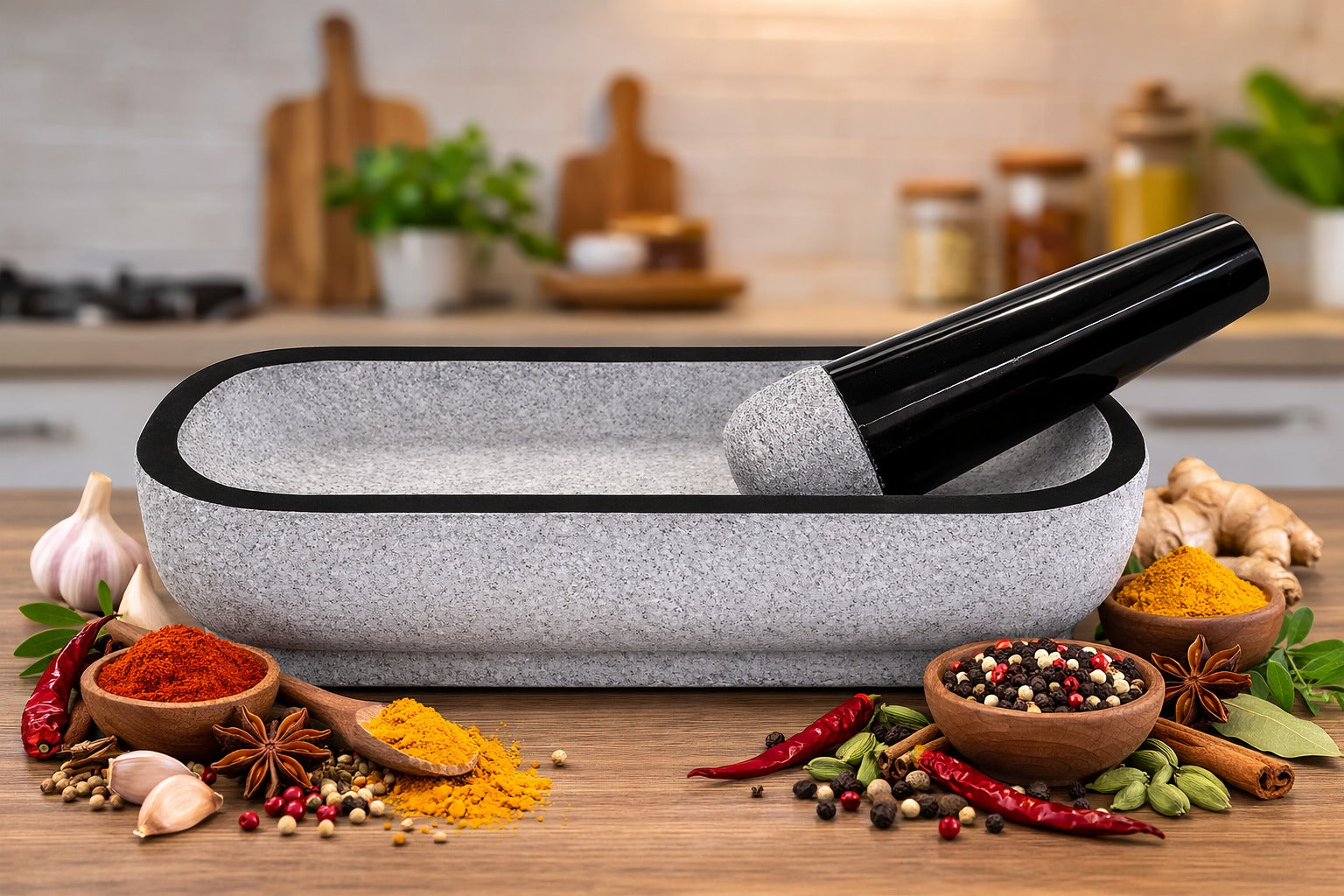 EZAHK (14×6 inches) Pure Granite Stone Mortar and Pestle Set, Kalvam, medicine making - Big Size grey