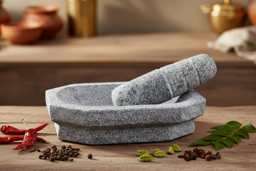 EZAHK Kalvam Stoneware Mortar and Pestle Set,Masher, Khalbatta, Kharal, Musal,for Kitchen, Home, Herbs and Spices (8 inch Grey)