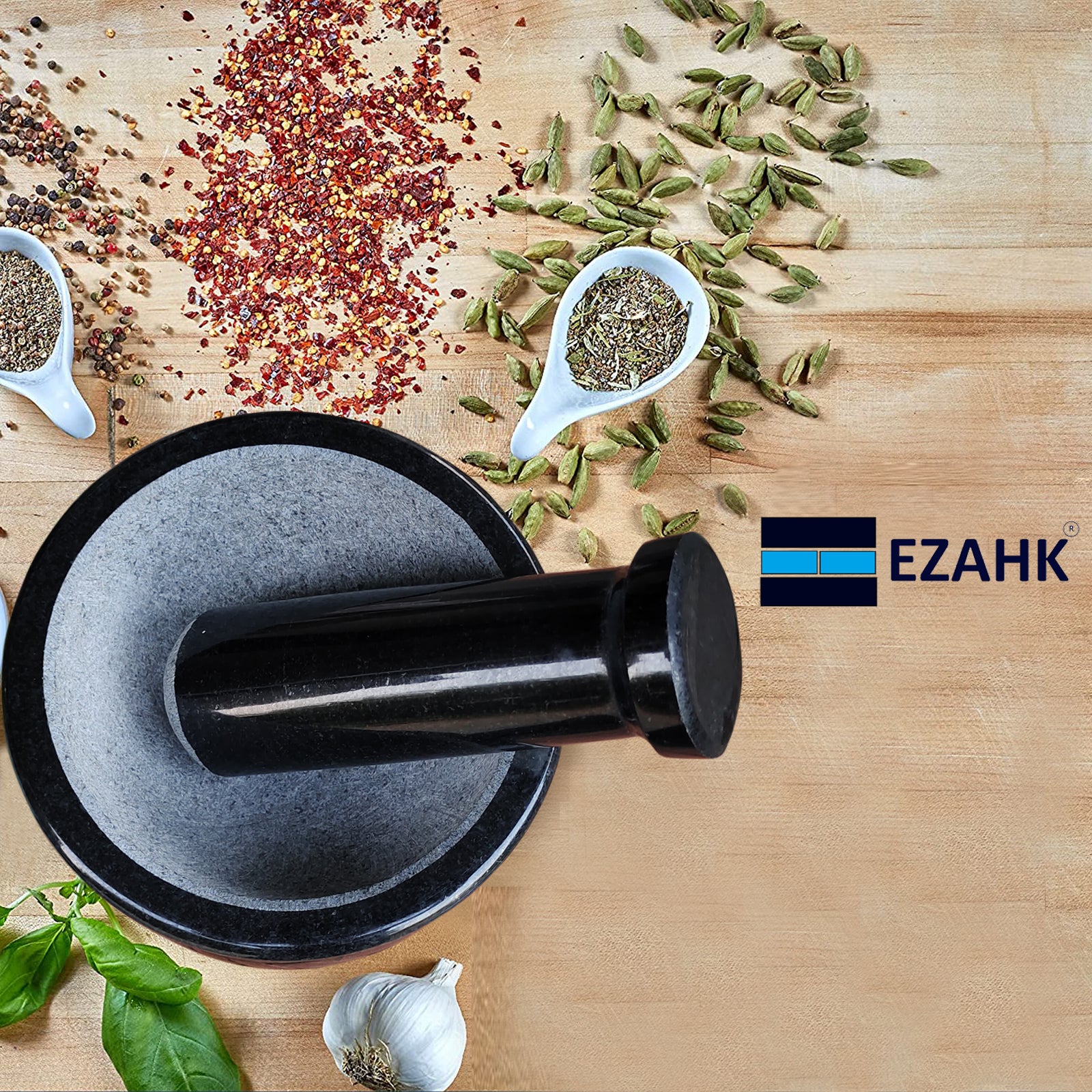 EZAHK Pure Granite Stone and Mortar and Pestle Set 6 inch Big Size