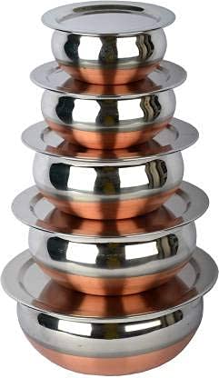 EZAHK Stainless Steel Copper Bottom Handi,patila, Pot Biryani Punjabi Handi Set with Lid 5 Pieces Serving Bowls with Lids Cookware Set Capacity:- 0.5 L,0.8 L,1.2 L,1.5 L,1.8 L,(Copper & Silver)