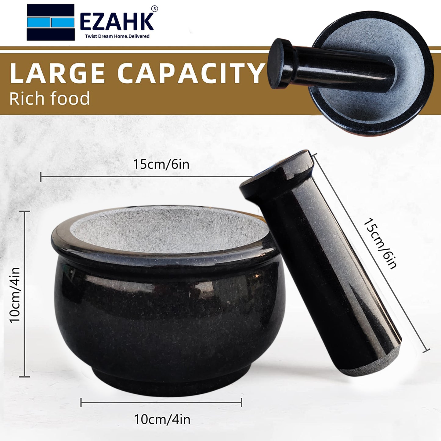 EZAHK Pure Granite Stone and Mortar and Pestle Set 6 inch Big Size