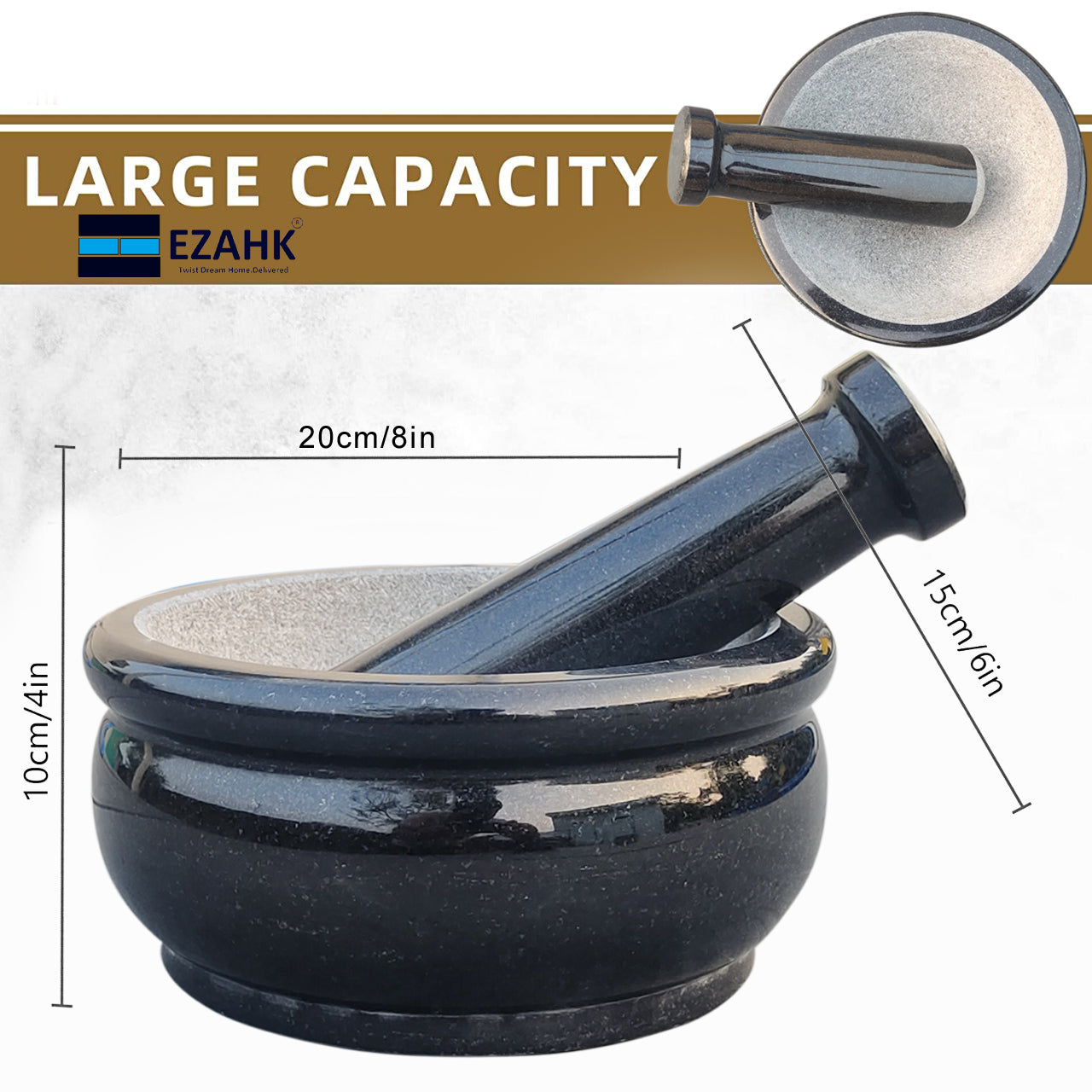 EZAHK Pure Granite Stone and Mortar and Pestle Set 8 inch Big Size