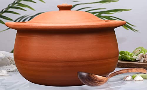 EZAHK Handmade Clay Earthen Kadai Pot with Lid Brown (2.5 L)