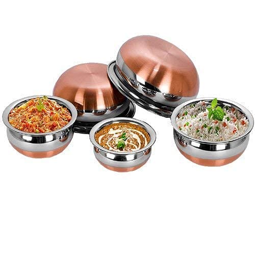 EZAHK Stainless Steel Copper Bottom Handi,patila, Pot Biryani Punjabi Handi Set with Lid 5 Pieces Serving Bowls with Lids Cookware Set Capacity:- 0.5 L,0.8 L,1.2 L,1.5 L,1.8 L,(Copper & Silver)