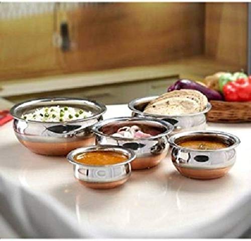 EZAHK Stainless Steel Copper Bottom Handi,patila, Pot Biryani Punjabi Handi Set with Lid 5 Pieces Serving Bowls with Lids Cookware Set Capacity:- 0.5 L,0.8 L,1.2 L,1.5 L,1.8 L,(Copper & Silver)