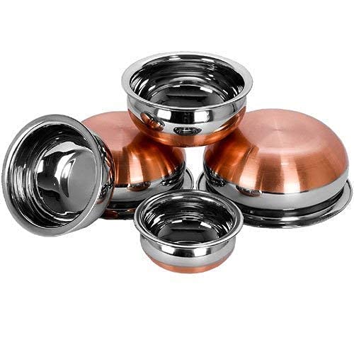 EZAHK Stainless Steel Copper Bottom Handi,patila, Pot Biryani Punjabi Handi Set with Lid 5 Pieces Serving Bowls with Lids Cookware Set Capacity:- 0.5 L,0.8 L,1.2 L,1.5 L,1.8 L,(Copper & Silver)