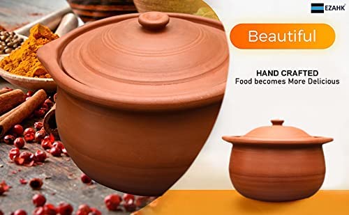 EZAHK Handmade Clay Earthen Kadai Pot with Lid Brown (1.8 L)