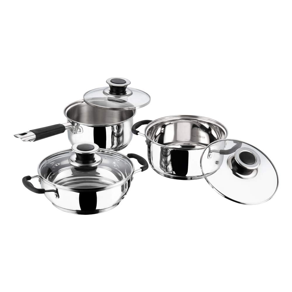 Stainless Steel Induction Friendly Master Chef Cookware Set- 3 Pieces(1- Piece Saucepan (1.5 Ltr) , 1-Piece Casserole (2.1 Ltr) , 1- Piece Kadai (2.0 Ltr) and 3 - Pieces Glass lid)
