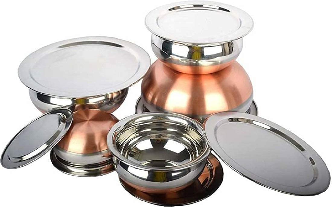 EZAHK Stainless Steel Copper Bottom Handi,patila, Pot Biryani Punjabi Handi Set with Lid 5 Pieces Serving Bowls with Lids Cookware Set Capacity:- 0.5 L,0.8 L,1.2 L,1.5 L,1.8 L,(Copper & Silver)