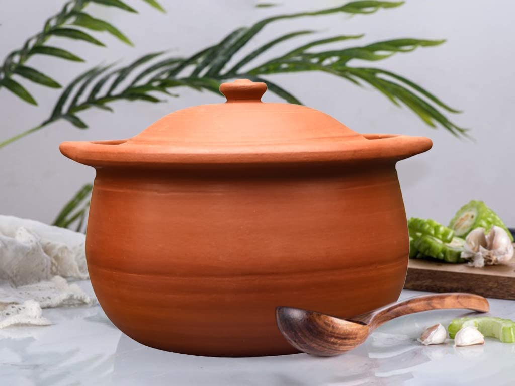 EZAHK Handmade Clay Earthen Kadai Pot with Lid Brown (1.8 L)