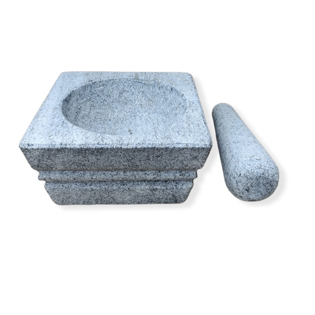 EZAHK Square Stone Mortar and Pestle Set (5 inch) - Grey