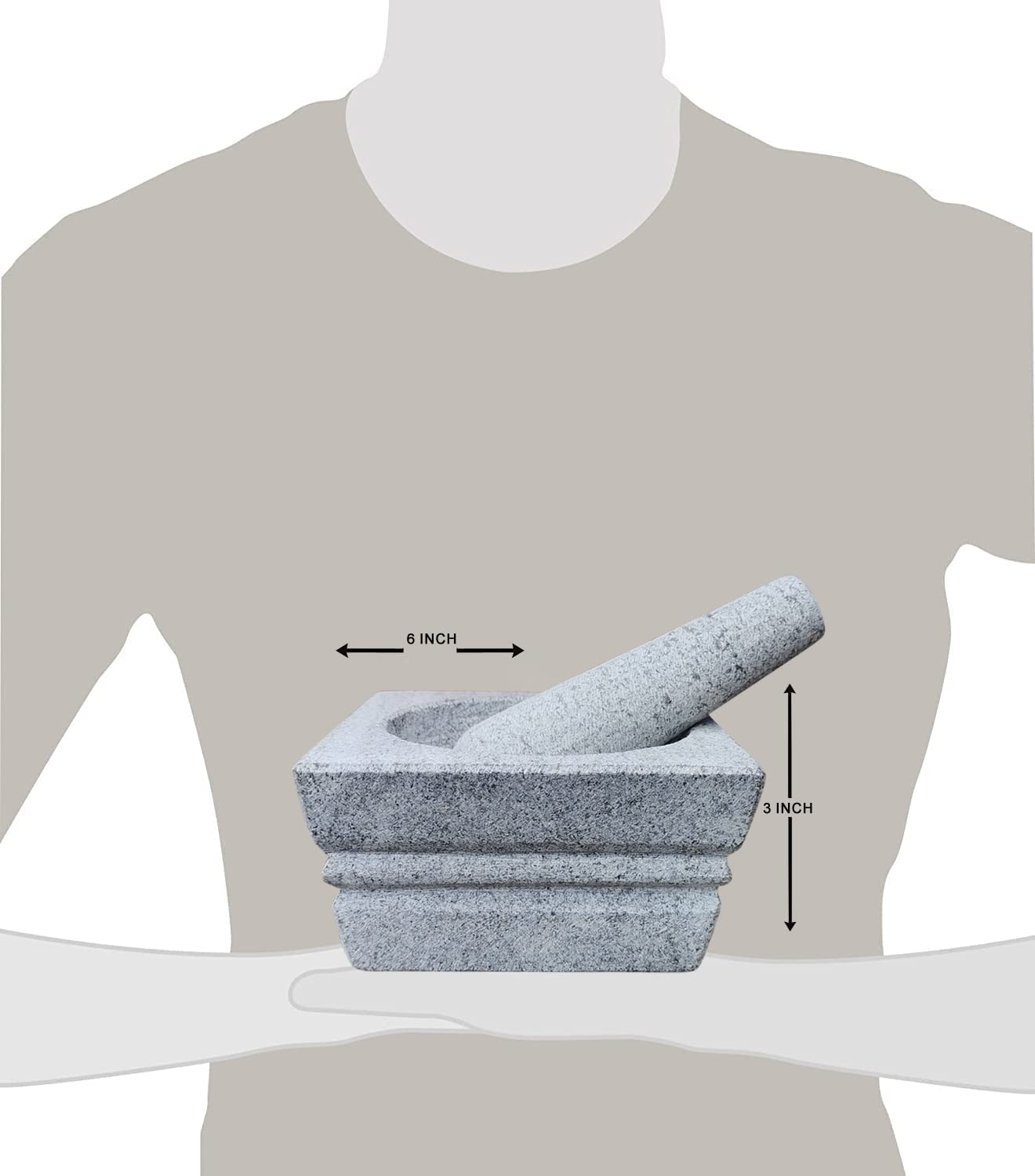EZAHK Square Stone Mortar and Pestle Set (6 inch) - Grey