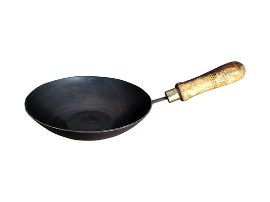 Iron Tadka Pan/Fry Pan/thalipu karandi with Wood Handle Loha/Lokhand (Black, 6 inch, 15cm, 3mm Thickness 750g)