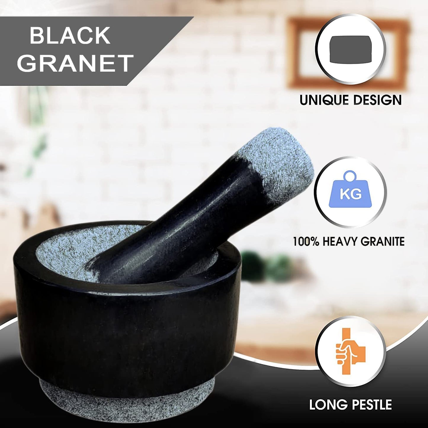 EZAHK Black Granite Stone Mortar and Pestle Size Width 6.2 inch,Height 4 inch