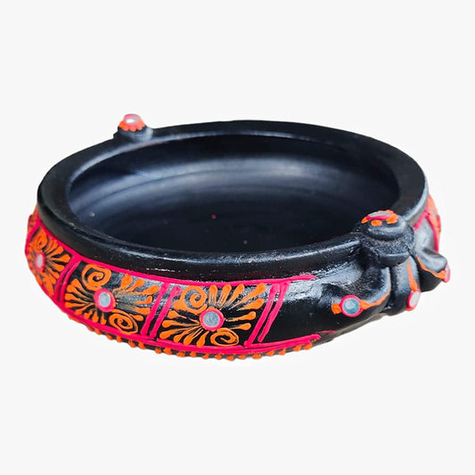 EZAHK Handmade Flower Urli/Pot pourri,Clay Earthenware Painted Decorative Medium Size(Dia 6.5 inch) Black