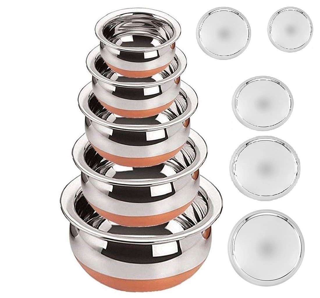 EZAHK Stainless Steel Copper Bottom Handi,patila, Pot Biryani Punjabi Handi Set with Lid 5 Pieces Serving Bowls with Lids Cookware Set Capacity:- 0.5 L,0.8 L,1.2 L,1.5 L,1.8 L,(Copper & Silver)