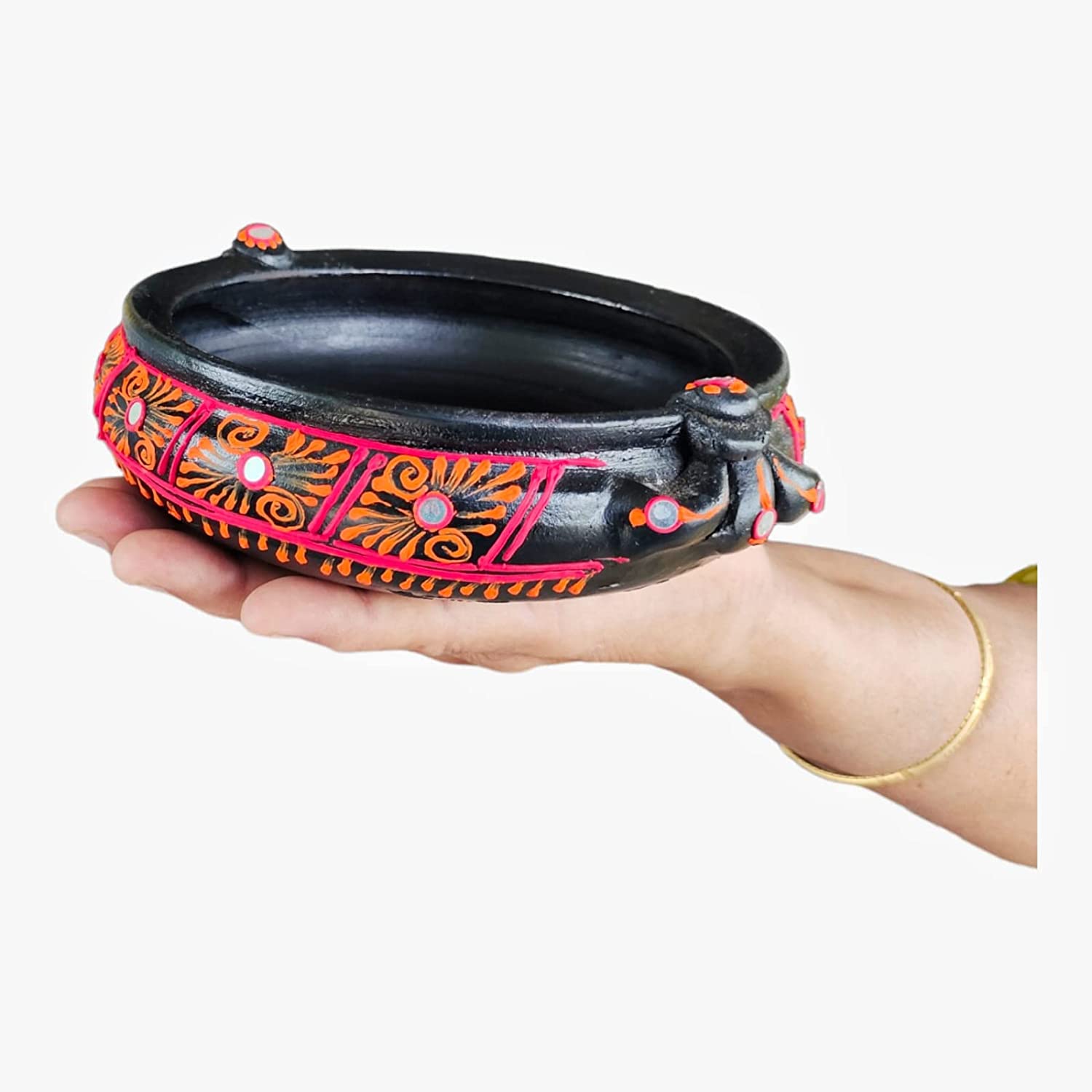 EZAHK Handmade Flower Urli/Pot pourri,Clay Earthenware Painted Decorative Medium Size(Dia 6.5 inch) Black