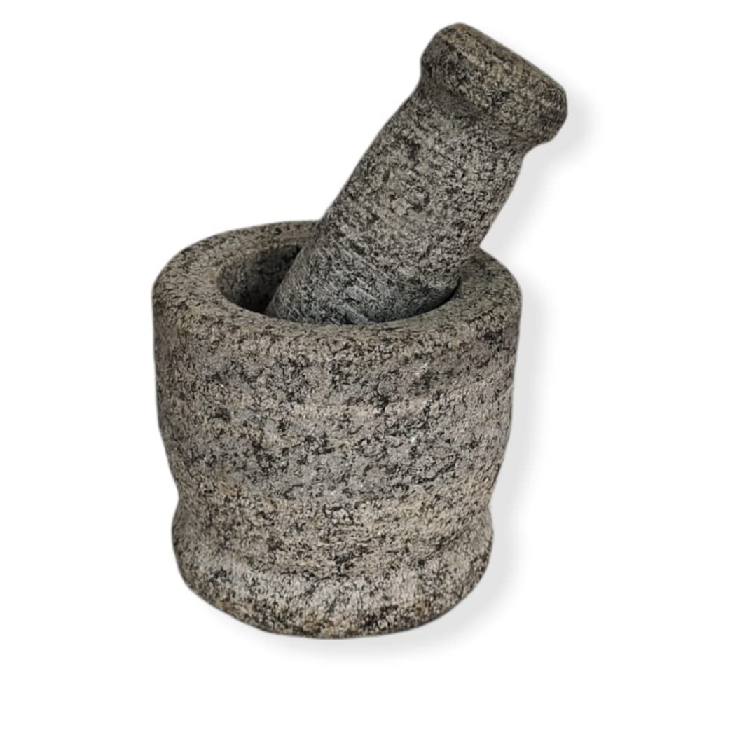 EZAHK Zaina Stone Mortar and Pestle Sets - Okhli, Heavy Duty Stone, Natural Grinder and Musal, Khalbatta, Well Design for Kitchen Spices, Home, Traditional Iteam (3.5 in)