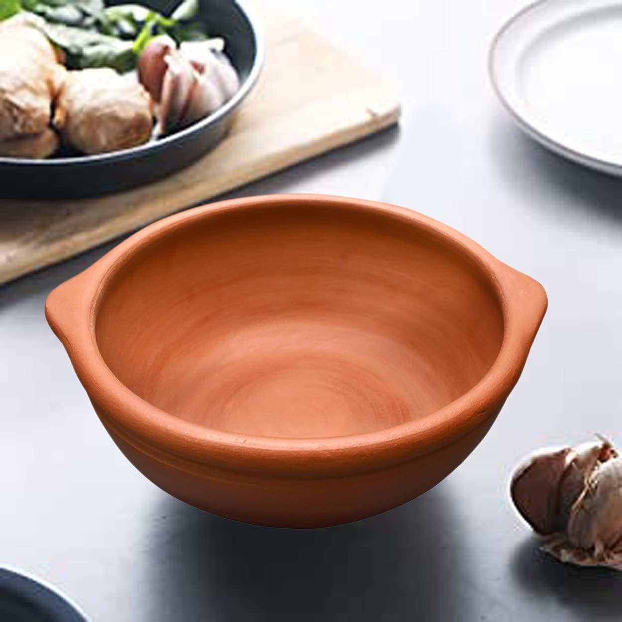 EZAHK Hand Made Clay Open Kadai/Pot for Curry Dal Cooking & Frying (Brown, 2.2 L)