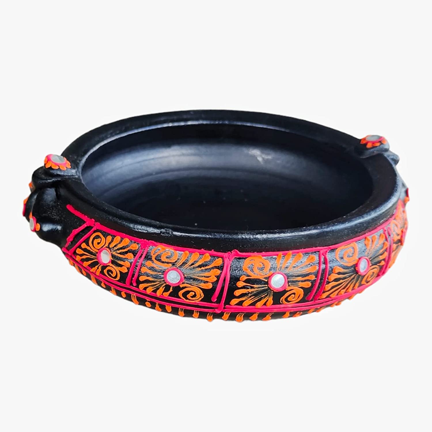 EZAHK Handmade Flower Urli/Pot pourri,Clay Earthenware Painted Decorative Medium Size(Dia 6.5 inch) Black