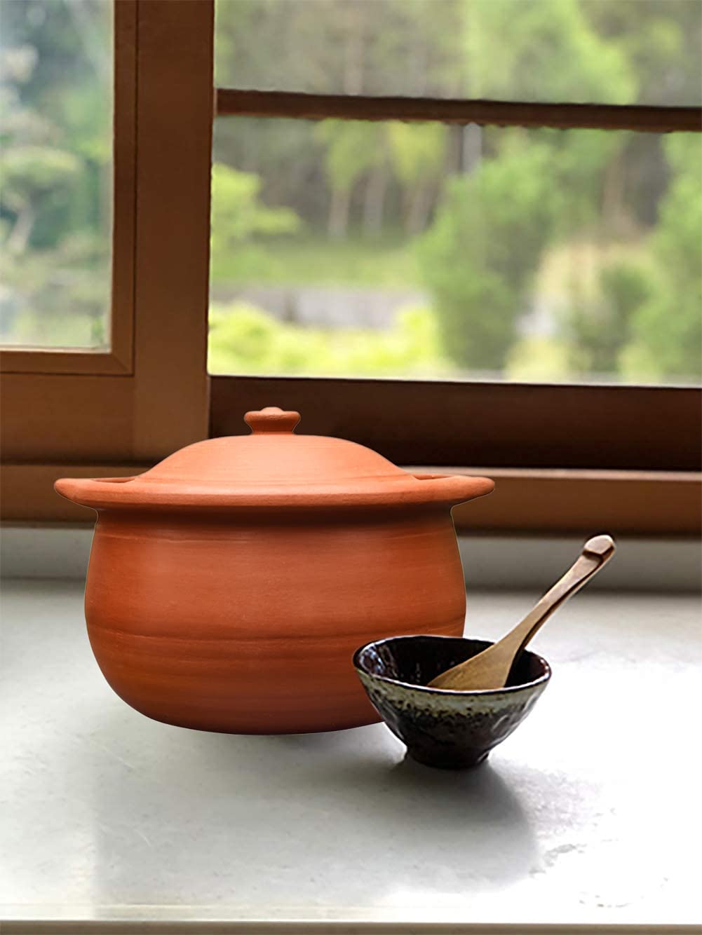 EZAHK Handmade Clay Earthen Kadai Pot with Lid Brown (1.5 L)