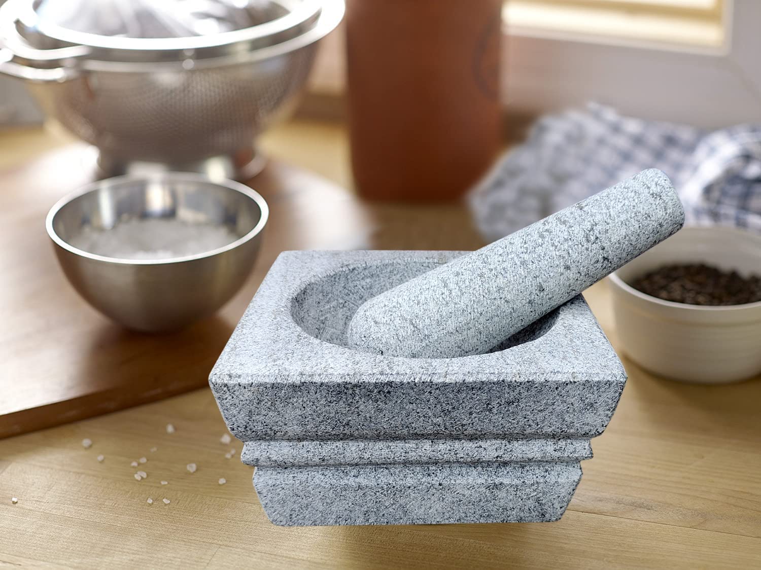 EZAHK Square Stone Mortar and Pestle Set (5 inch) - Grey