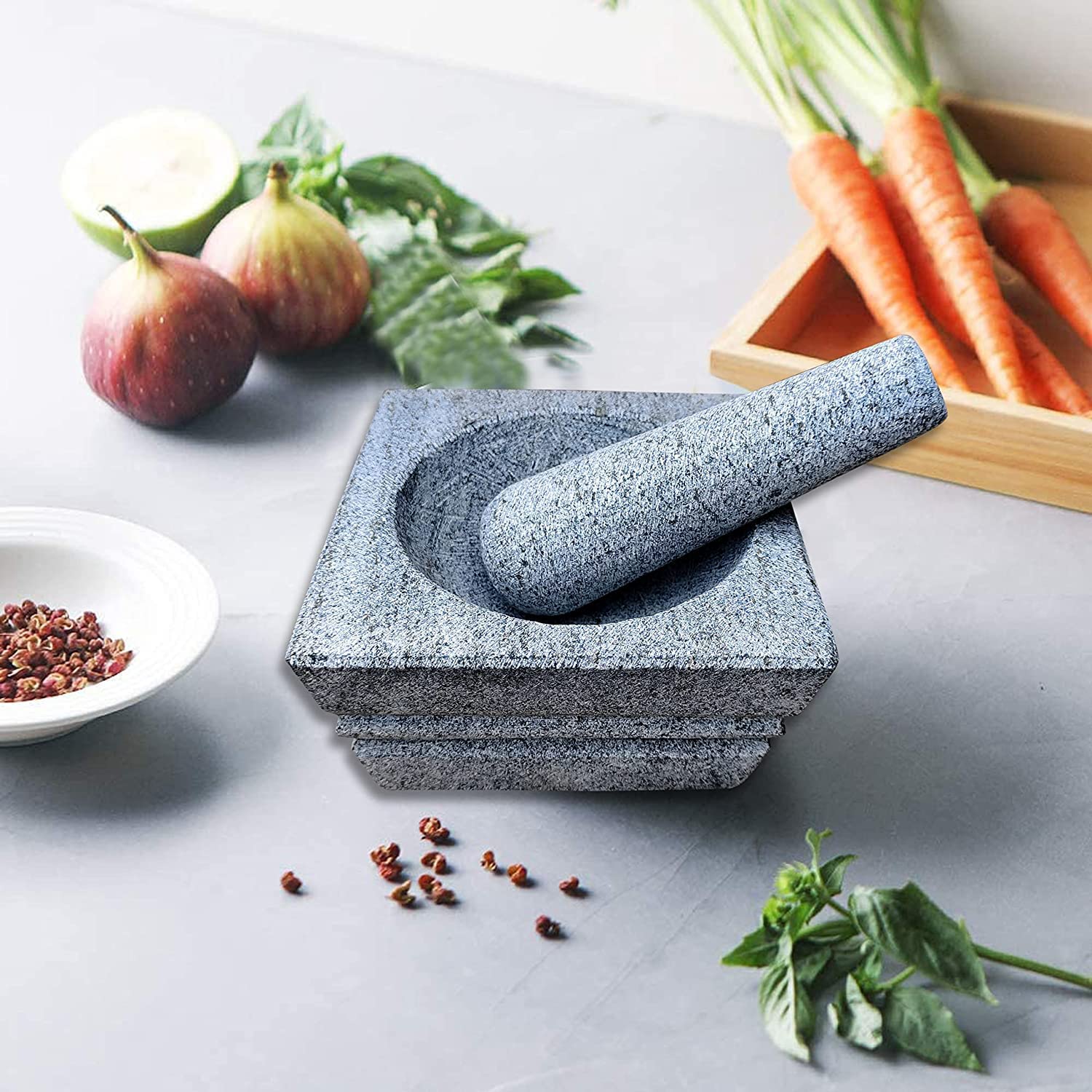EZAHK Square Stone Mortar and Pestle Set (5 inch) - Grey