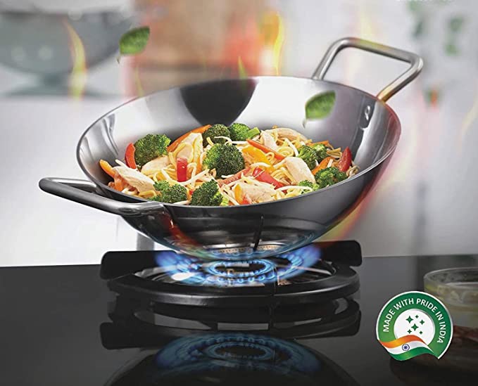 Stainless Steel Kadai Karahi Wok Triply Fry Indian Curry Pan Table Dish  with Lid