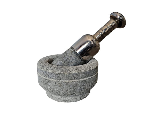 EZAHK Mortar and Pestle Set with Stainless Steel Handle Bowl Type (Width 12cm x Height 7cm) (Grey)