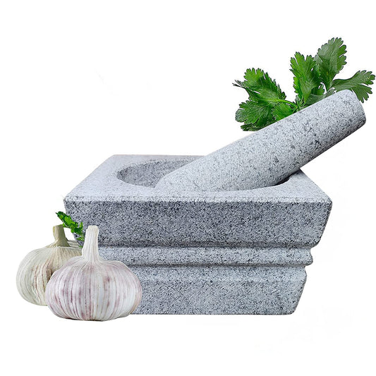 EZAHK Square Stone Mortar and Pestle Set (6 inch) - Grey