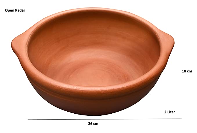 EZAHK Hand Made Clay Open Kadai/Pot for Curry Dal Cooking & Frying (Brown, 2 L)