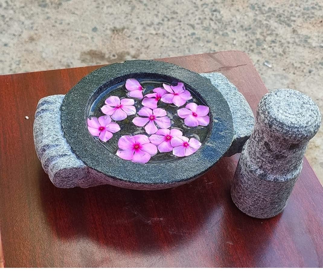 EZAHK Stone uruli for Home Decor, Stone Urli Ethnic Traditional Bowl Showpiece,uruli for Flowe Decoration,Bowel, declarative Bowel,2 in one uruli./ Mortor and Pestle Stone 2 in one 8 inch Dia