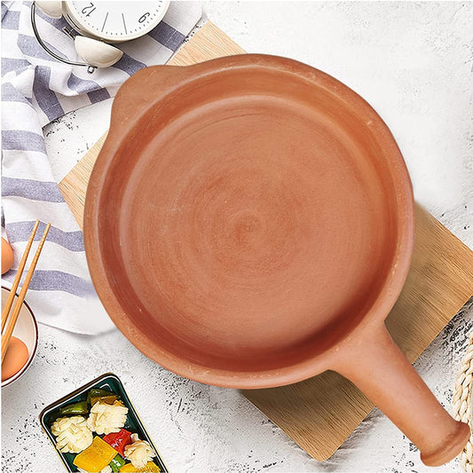 EZAHK Clay Fry Pan with Handle for Cooking on Gas - Hand Crafted Organic Earthen Pot (Small)