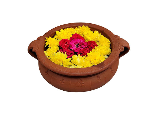 EZAHK Handcrafted Urli Clay Decorative Bowl for Floating Flowers, Home Decor, Office Decor, Table Decor and Diwali Gift (Set of 1 ), Size- (L-8in, W-6in, H-2.5in), Brown