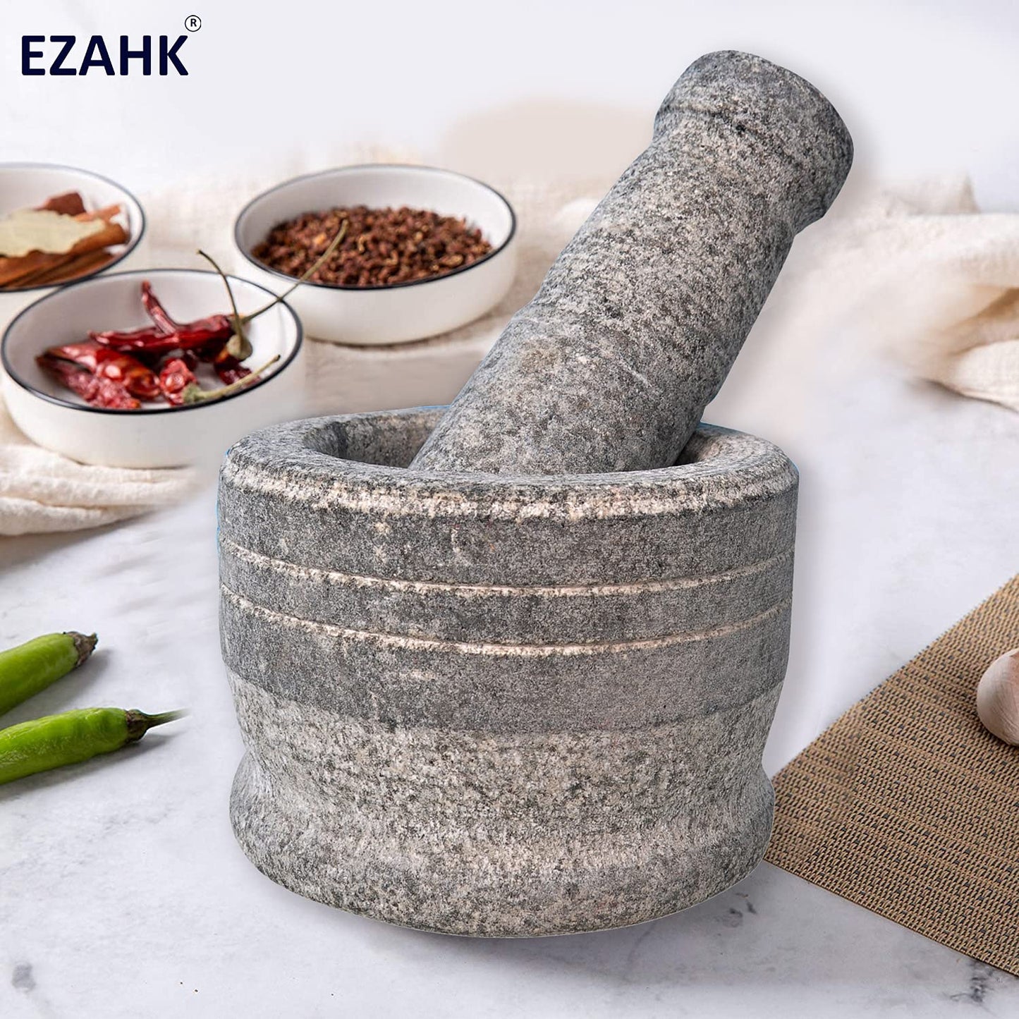 EZAHK Stone Mortar and Pestle Set for Kitchen, Home, Herbs (Height 4 inch Width 5.2 inch ) Large Size Kitchen tools