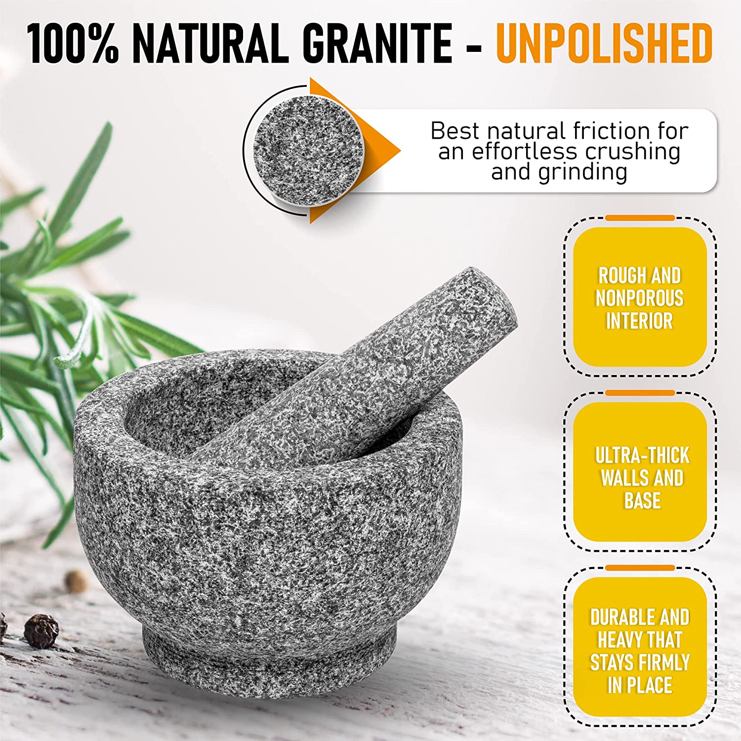 EZAHK Granite Mortar and Pestle Set, 6 Inch Diameter, 2 Cup Capacity Large Size Mortar and Pestle Made of Unpolished Granite Stone.