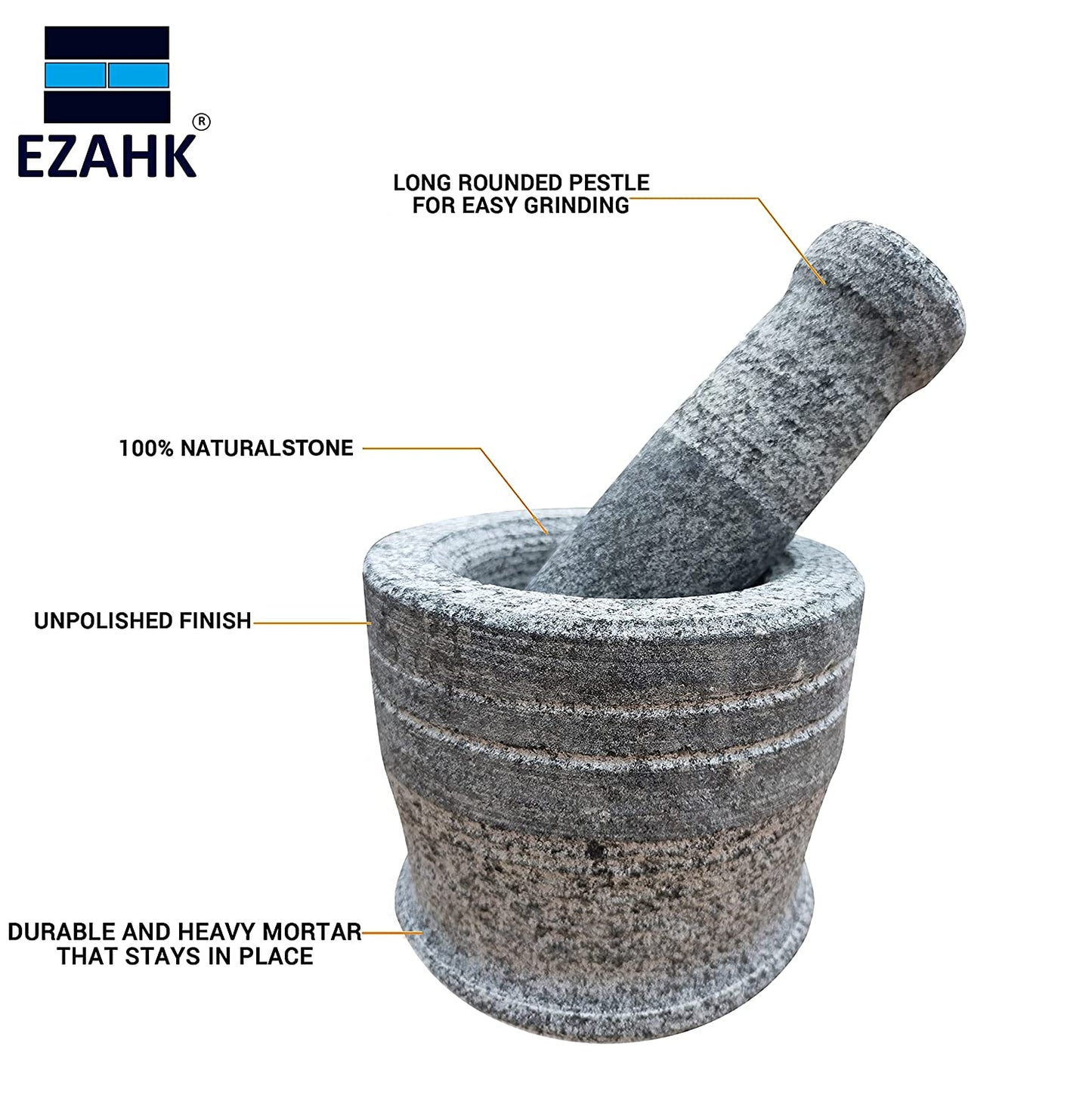 EZAHK Stone Mortar and Pestle Set, Large Size (15 cm) (Grey)