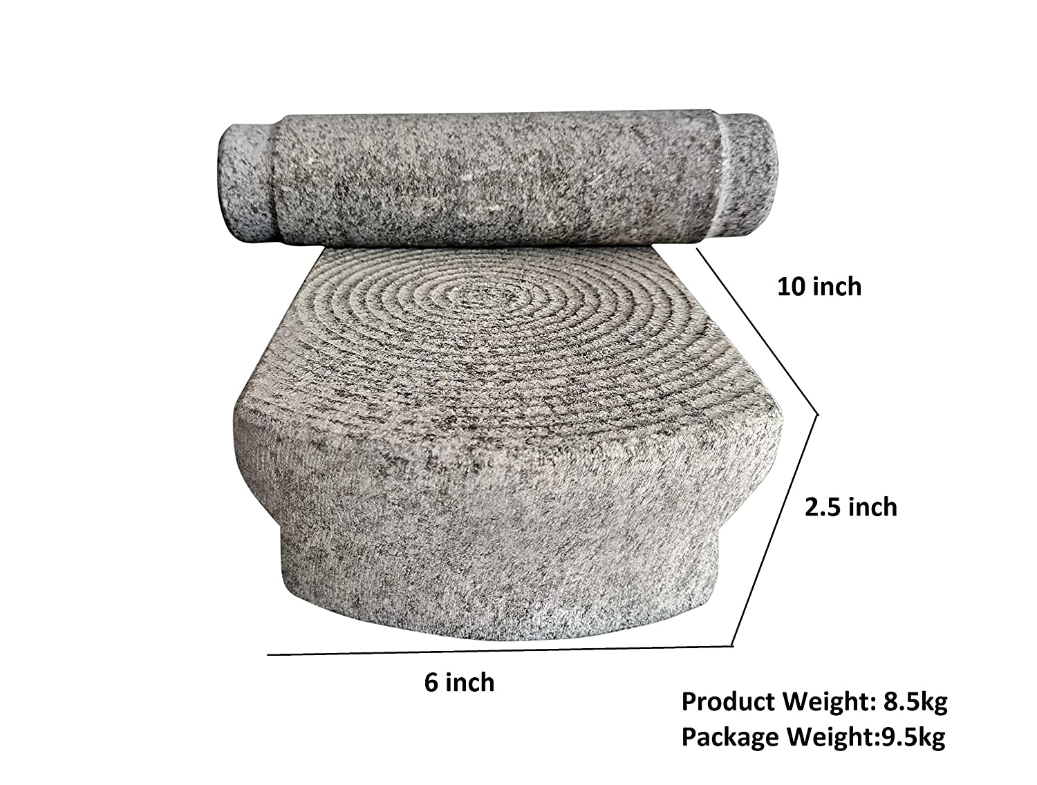 EZAHK Stone Ammikallu Mortar and Pestle Set (10 X 6 Inches, 8.5 kg), ) Grey