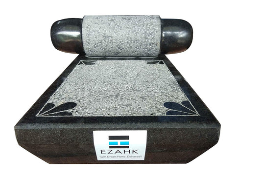 Pure Granite Ammikallu SIL Batta EZAHK Home Decor Natural Hand Grinder Mortar & Pestle (Length - 12 Inch, Width 8 Inch) Black