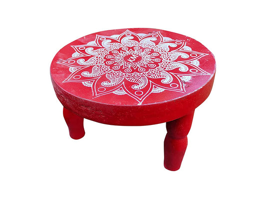 EZAHK Wooden Mini Stool, Mukkali Pooja Stand for Sitting, Home and Bedroom, 8 inch - Red