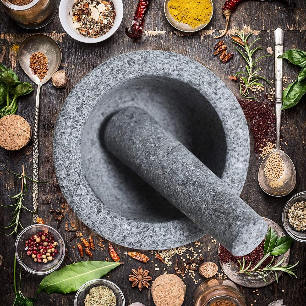 EZAHK Stone Mortar and Pestle Set Bowl Type, Okhli Masher, Khalbatta, Mixer, Natural & Traditional Grinder, Musal (6.5 inch) Big Size