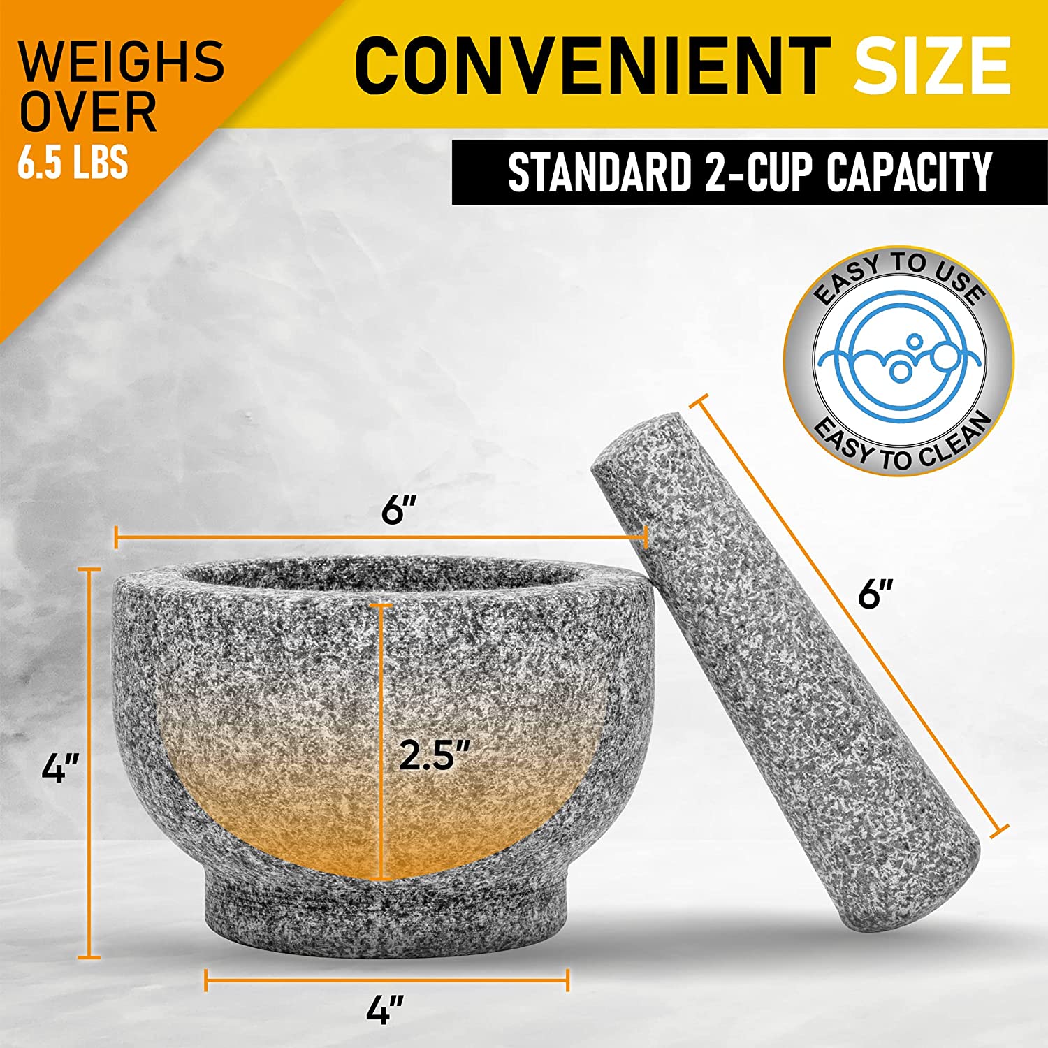 EZAHK Granite Mortar and Pestle Set, 6 Inch Diameter, 2 Cup Capacity Large Size Mortar and Pestle Made of Unpolished Granite Stone.