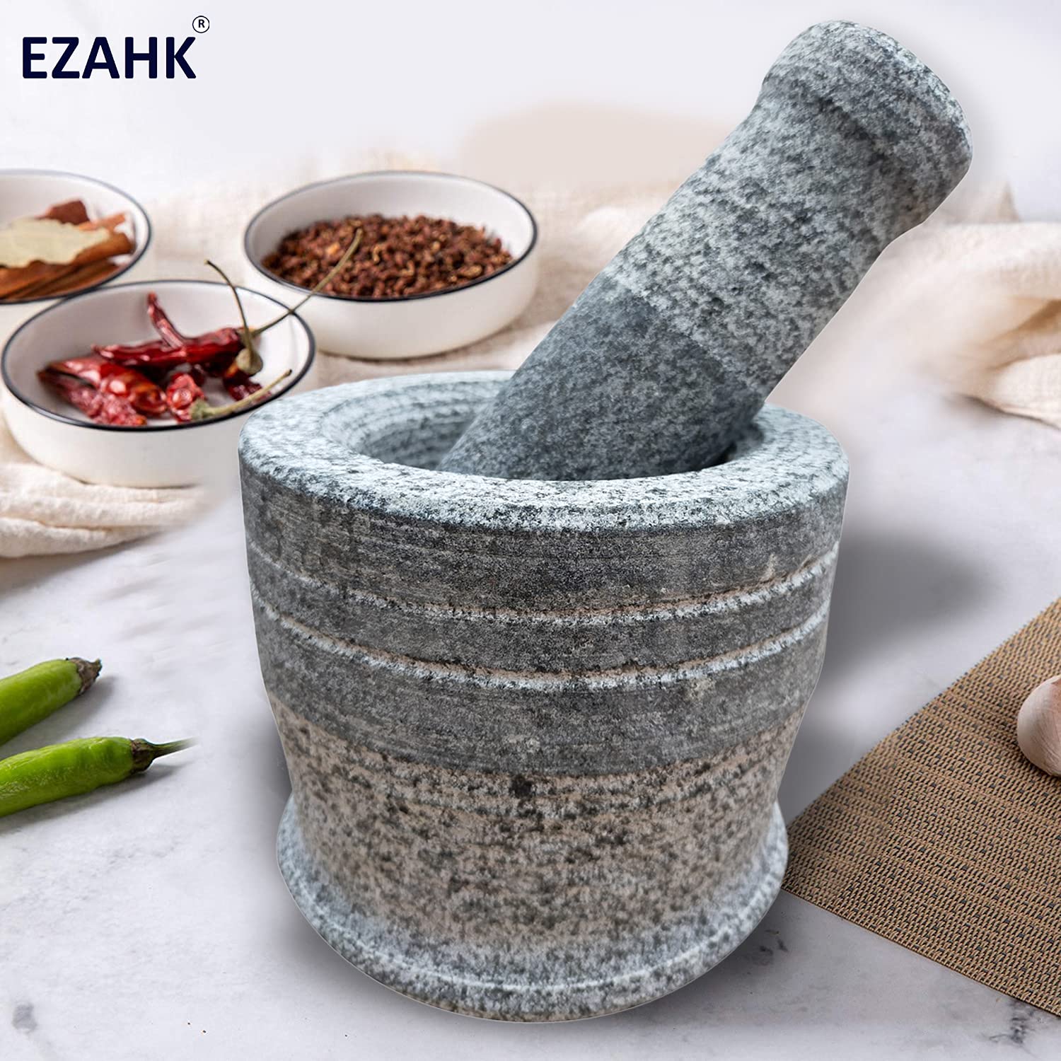 EZAHK Stone Mortar and Pestle Set, Large Size (15 cm) (Grey)