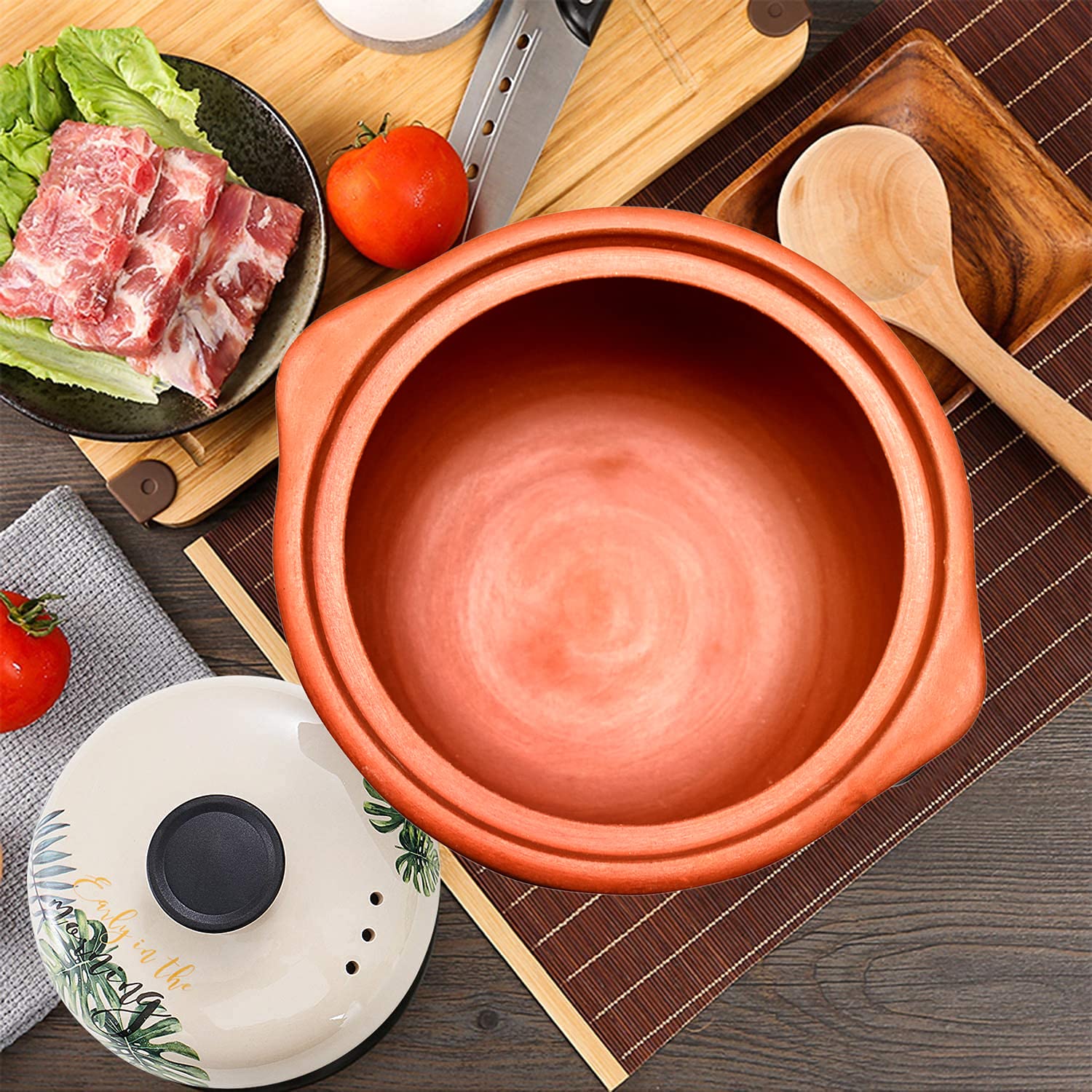 EZAHK Handmade Clay Earthen Kadai Pot with Lid Brown (1.5 L)