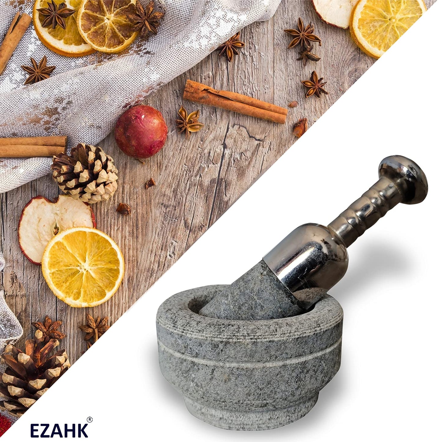 EZAHK Mortar and Pestle Set with Stainless Steel Handle Bowl Type (Width 12cm x Height 7cm) (Grey)